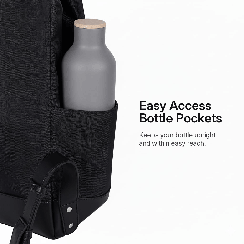 Close-up of a Svenklas Amber black backpack side pocket holding a grey reusable bottle with a light wood lid, with text reading 'Easy Access Bottle Pockets' on a white background.