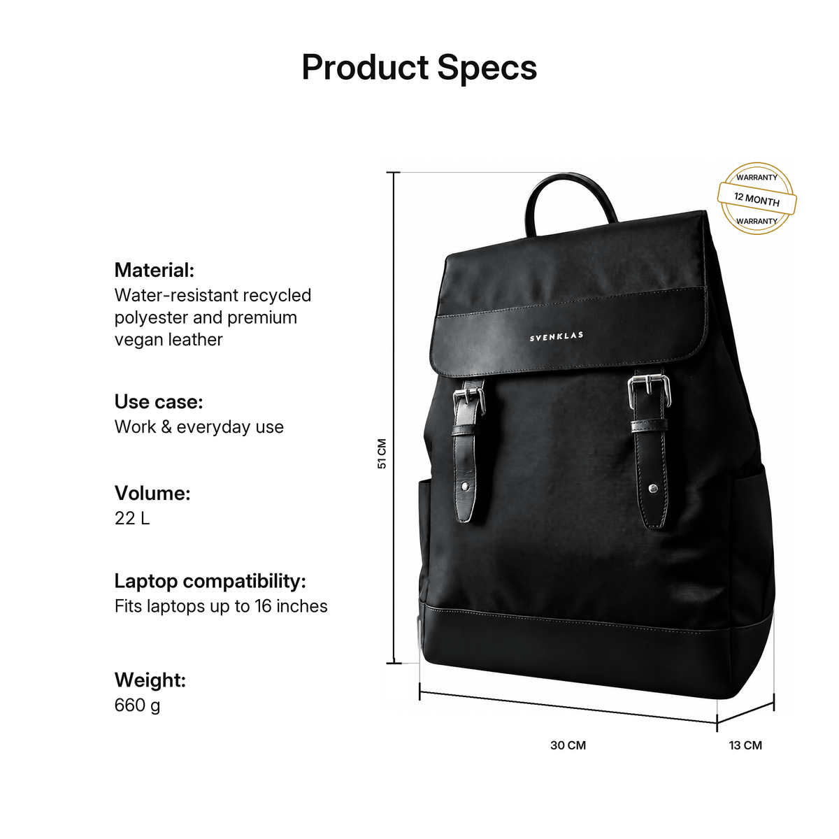Amber Black Svenklas backpack shown on a white background with product specifications text and dimensions printed beside it.