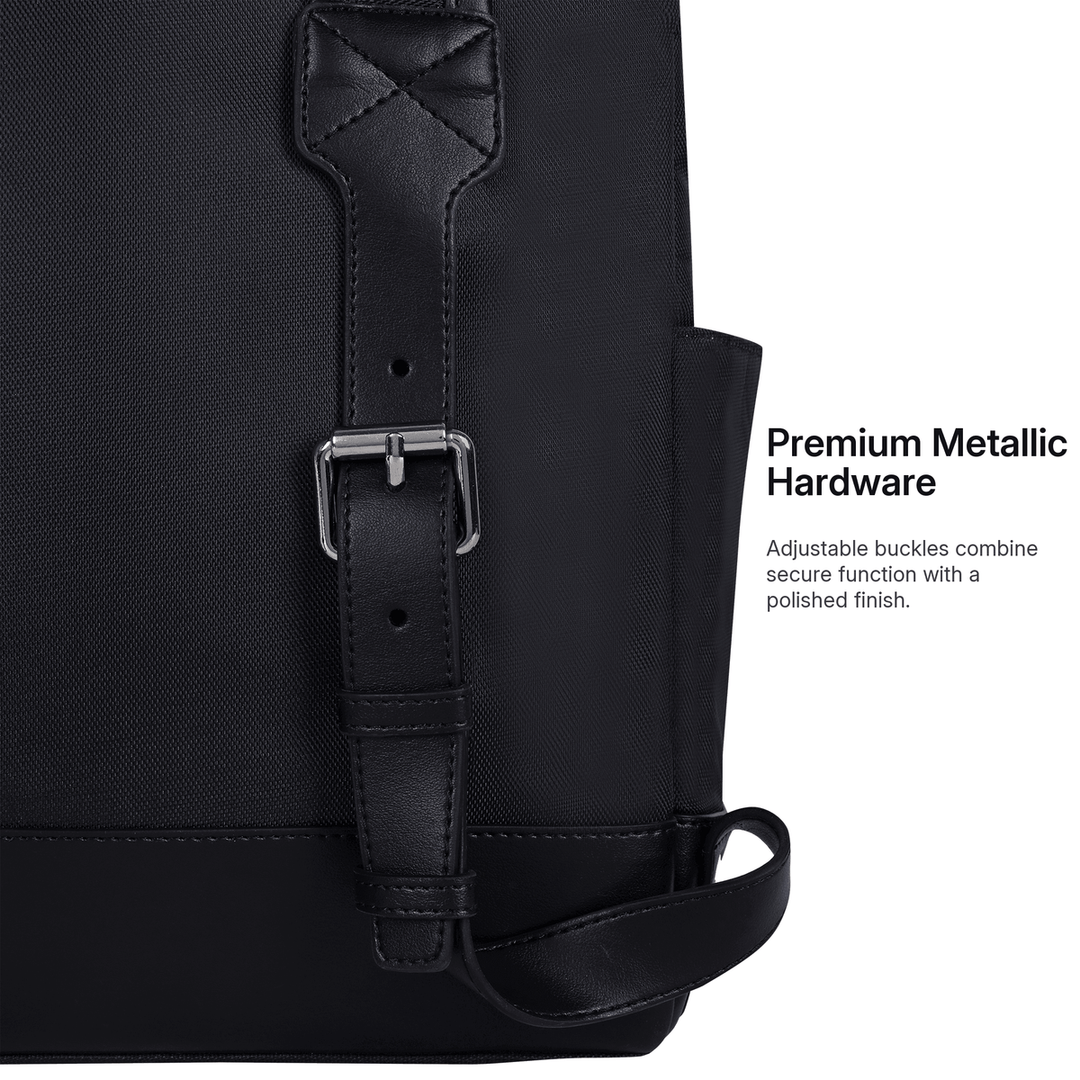Close-up of a Svenklas Amber black backpack strap with a silver buckle and text reading 'Premium Metallic Hardware' on a white background.